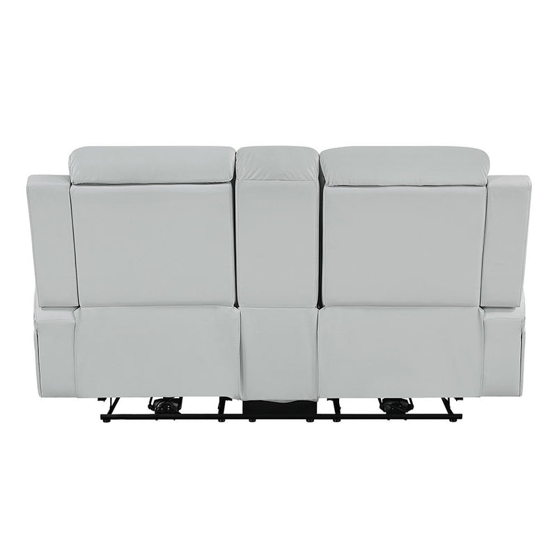 Elonzo - Power Motion Loveseat With Console, LED, Power Headrest & Speaker - Light Gray