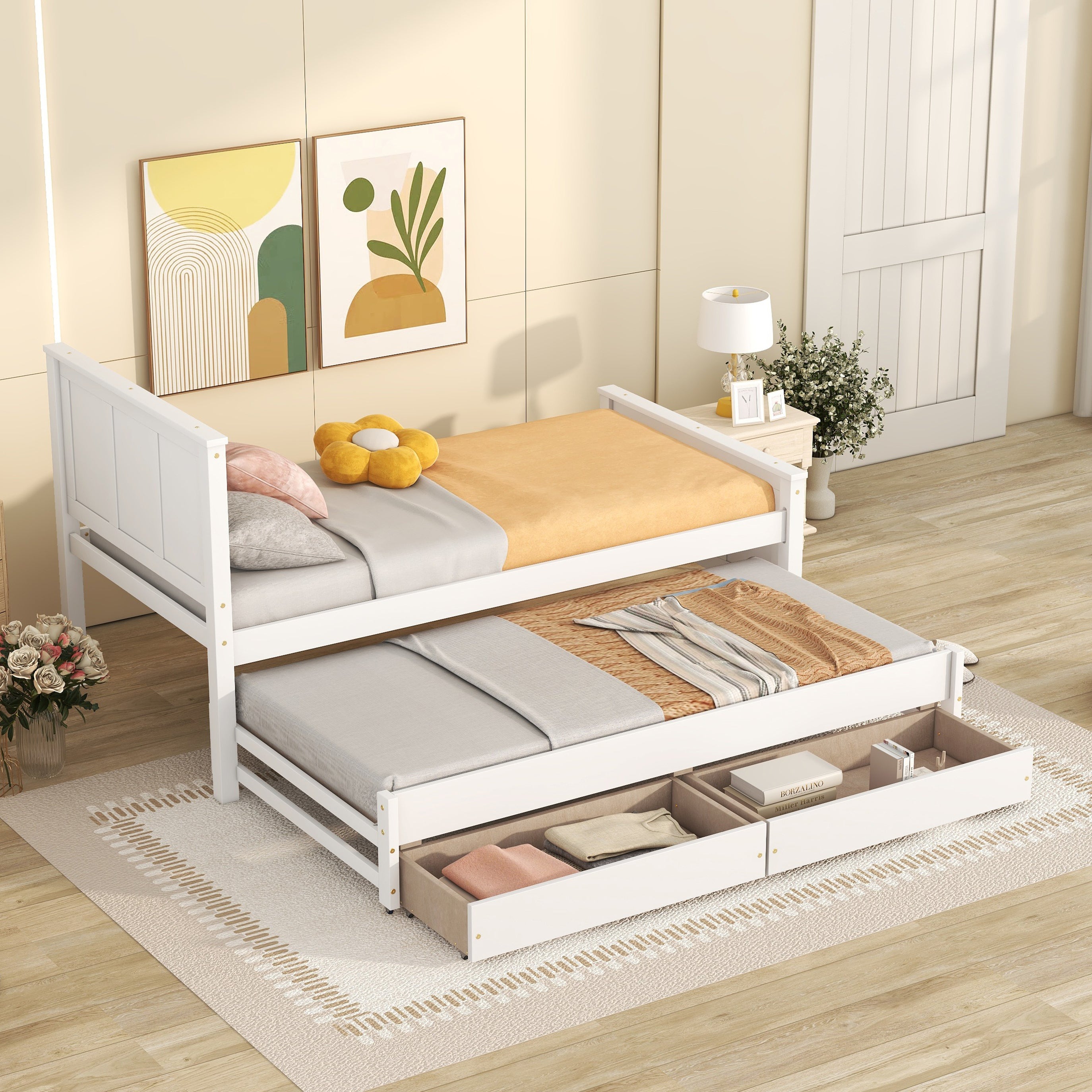 Twin Size Platform Bed with Trundle and Drawers, White - Atlantic Fine Furniture Melbourne FL