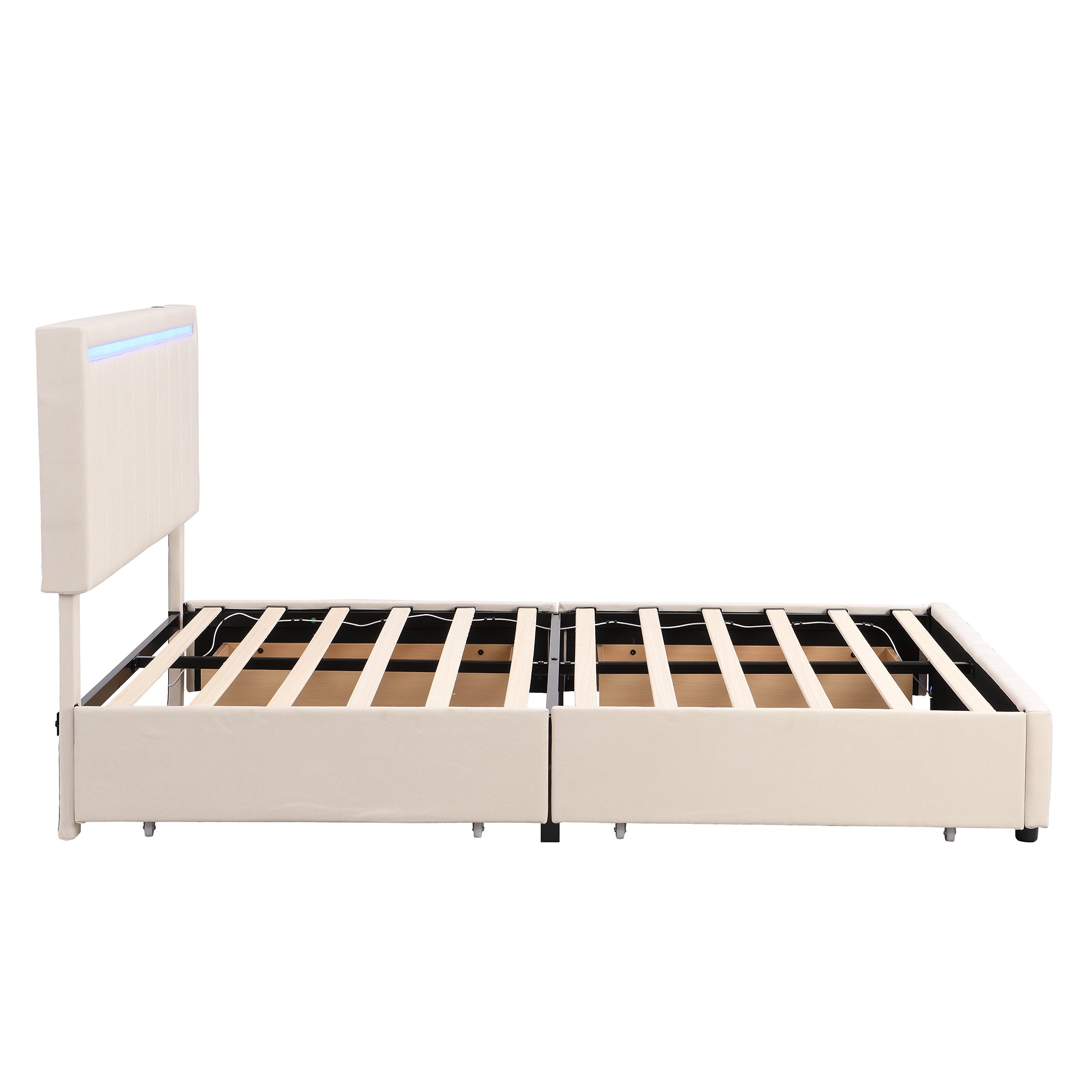 Queen Size Upholstered Bed with LED Light and 4 Drawers,  Modern Platform Bed with a set of Sockets and USB Ports, Linen Fabric, Beige - Atlantic Fine Furniture Melbourne FL