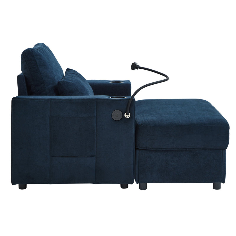 Modern Style Armchair Chaise Lounge Sofa Couch With Movable Storage Ottoman, USB Ports, Cup Holders, Phone Holder, Side Pockets