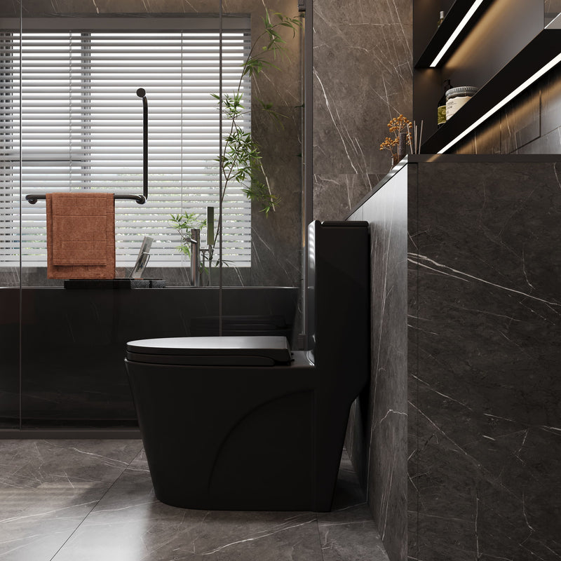 1.1 / 1.60 Gpf Dual Flush 1 Piece Toilet, Water Saving Elongated Comfort Height Floor Mounted, Soft Close Seat, 1000 Gram Map Flushing Score Toilet - Matte Black