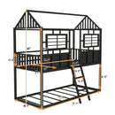 Twin over Twin Size Metal Low Bunk Beds with Roof and Fence-shaped Guardrail, Black