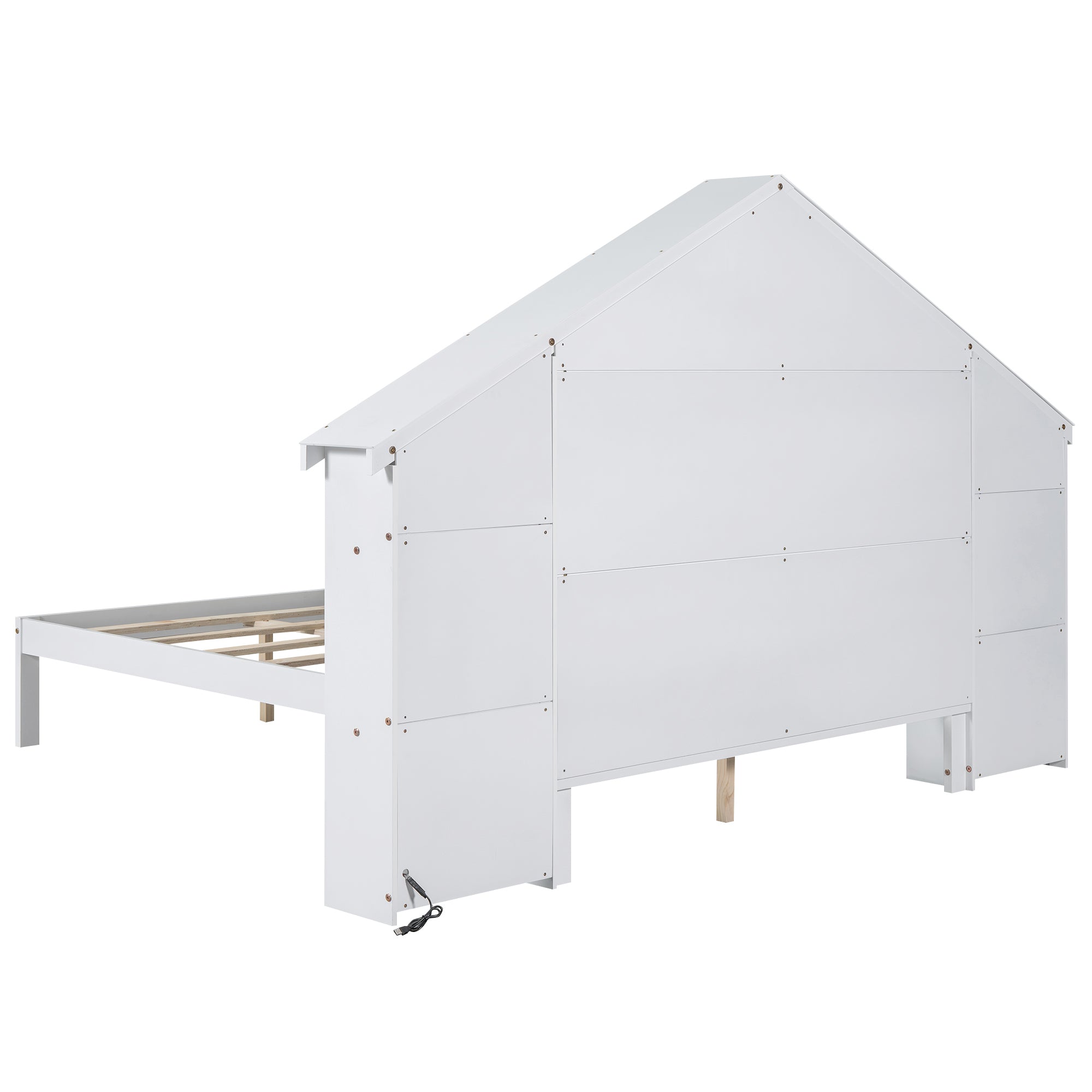 Wood Full Size Platform Bed with House-shaped Storage Headboard and Built-in LED, White - Atlantic Fine Furniture Melbourne FL