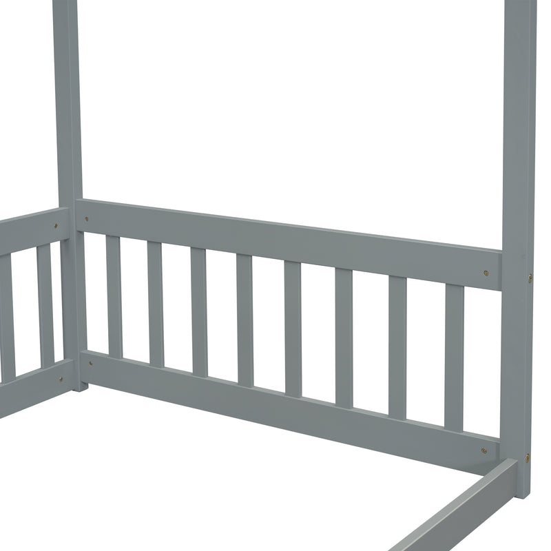 Twin Size Canopy Frame Floor Bed with Fence, Guardrails,Grey