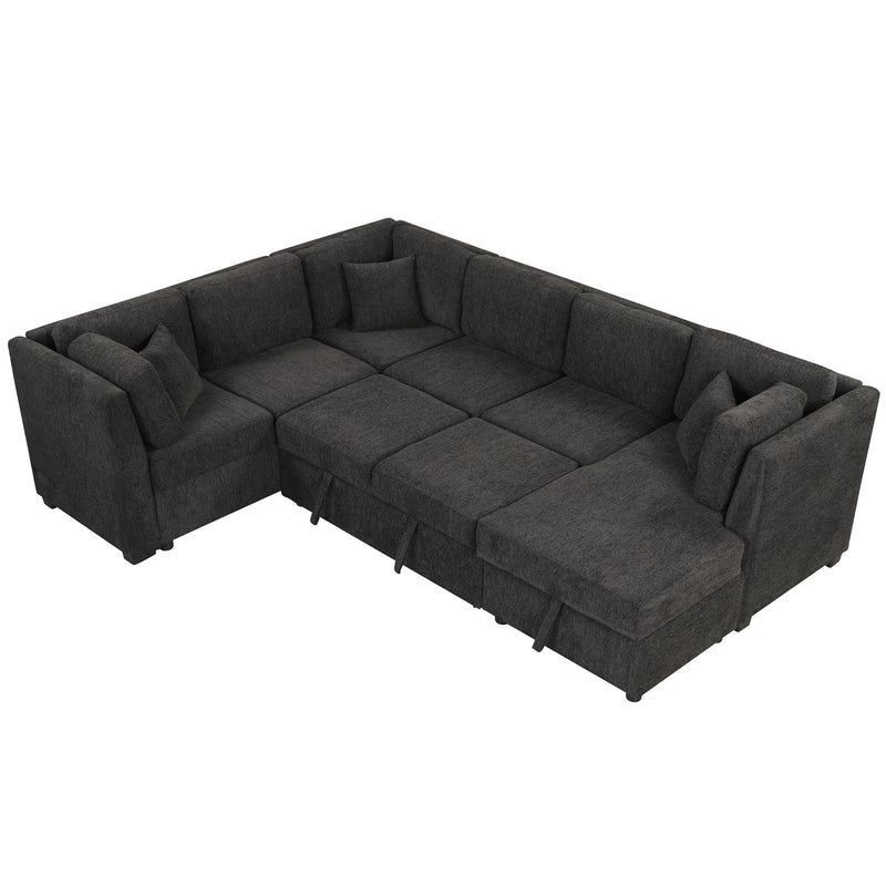 U-Shaped Sectional Sofa Pull Out Sofa Bed With Two USB Ports, Two Power Sockets, Three Back Pillows And A Storage Chaise For Living Room