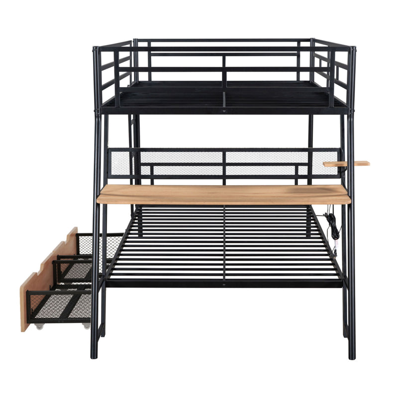 Full Size Bunk Bed With Built In Desk, Light, And 2 Drawers - Black