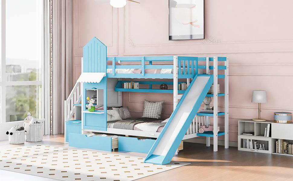 Twin-Over-Twin Castle Style Bunk Bed with 2 Drawers 3 Shelves and Slide - Blue - Atlantic Fine Furniture Melbourne FL