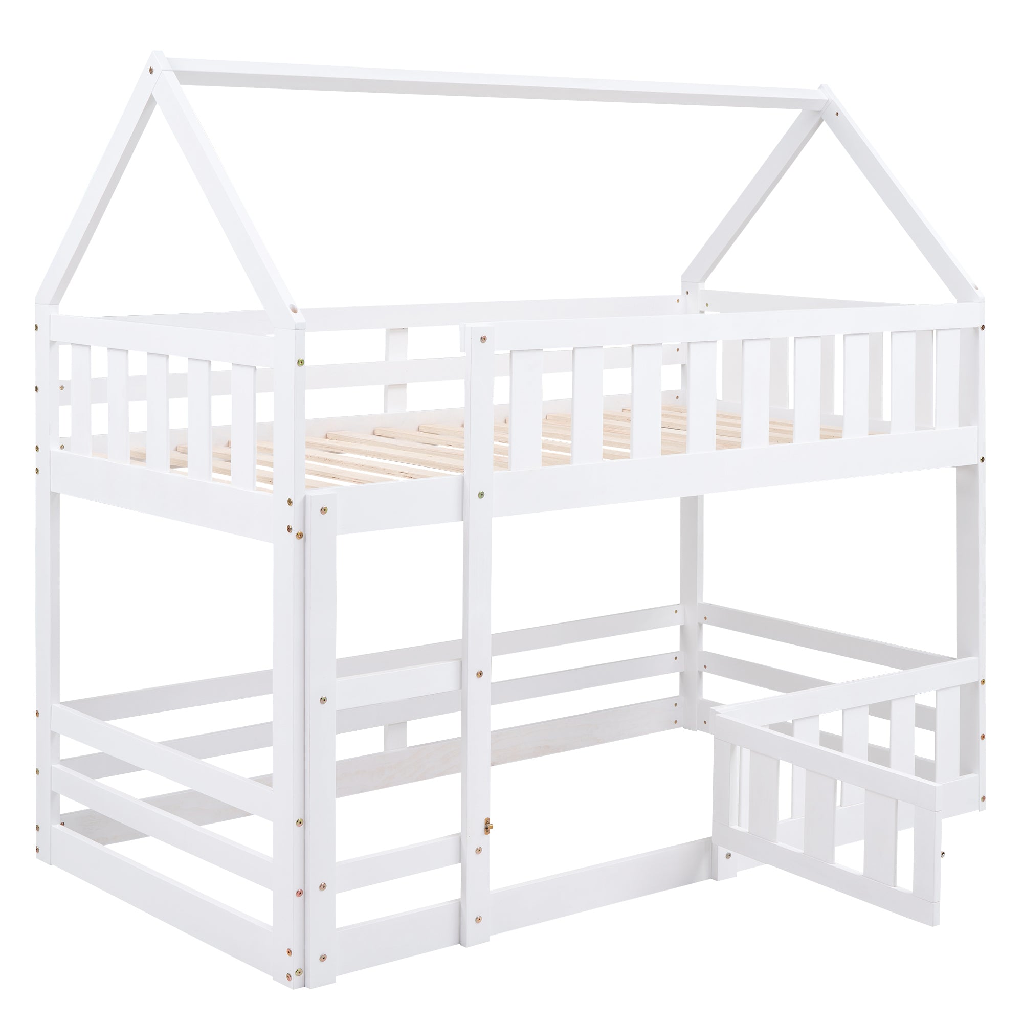 Twin over Twin House Bunk Bed with Fence and Door, White - Atlantic Fine Furniture Melbourne FL