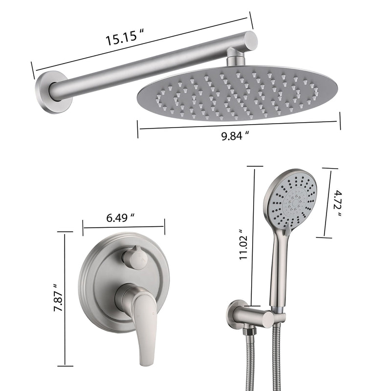 Wall Mounted Shower Set With High Pressure 10" Rain Shower Head And 5 Function Handheld Shower Head - Brushed Nickel