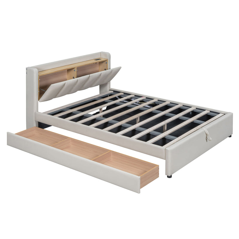 Upholstered Mother & Child Bed With Hydraulic Storage System, Drawer Box, Bedhead Storage Shelf And 2 Pairs Of Sockets & USB Ports