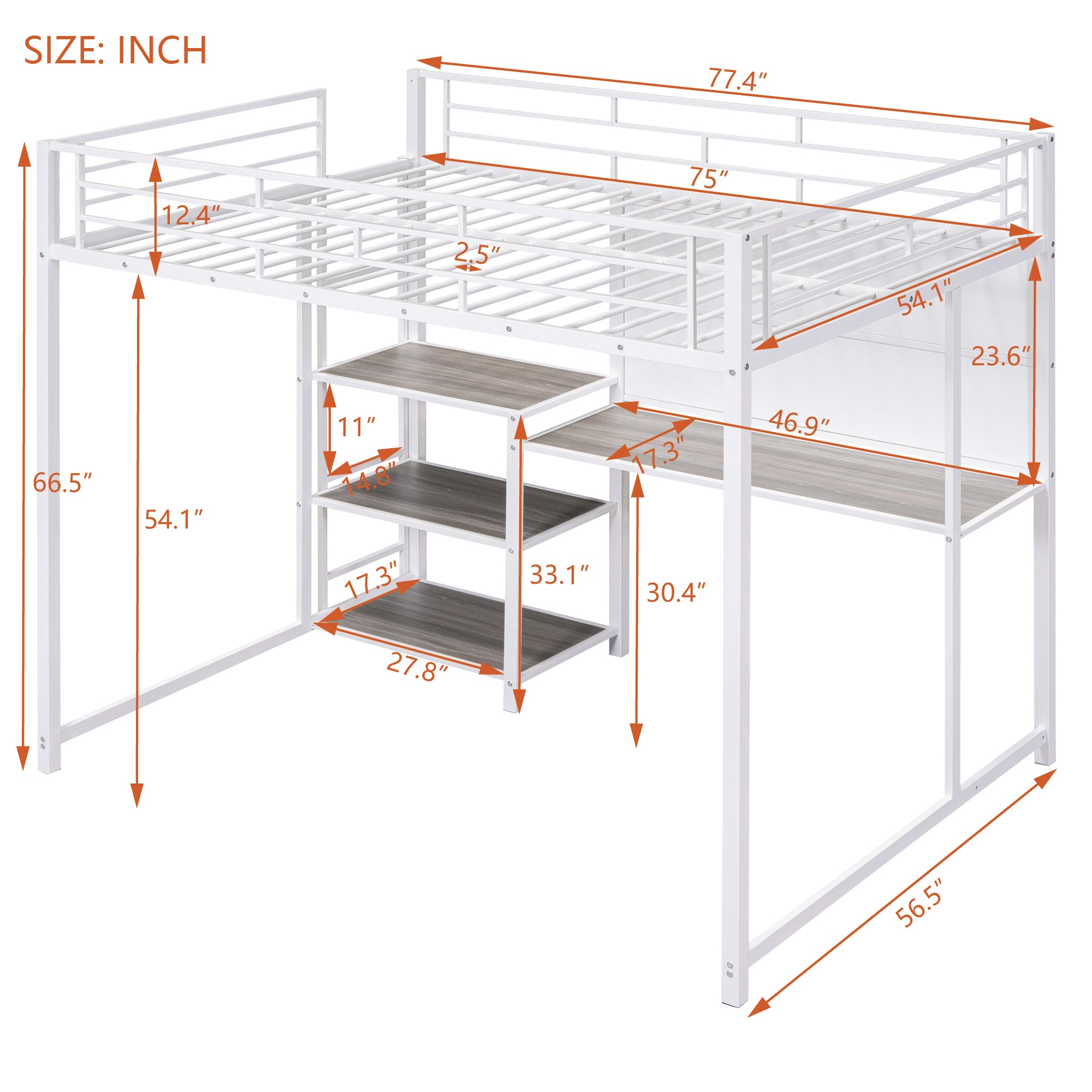 Full Size Loft Bed with Desk and Whiteboard, Metal Loft Bed with 3 Shelves and Ladder, White - Atlantic Fine Furniture Melbourne FL