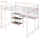Full Size Loft Bed with Desk and Whiteboard, Metal Loft Bed with 3 Shelves and Ladder, White