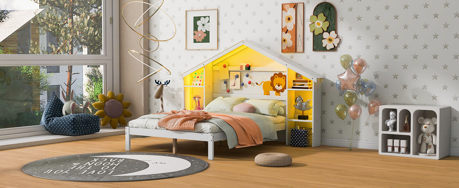 Wood Full Size Platform Bed with House-shaped Storage Headboard and Built-in LED, White - Atlantic Fine Furniture Melbourne FL