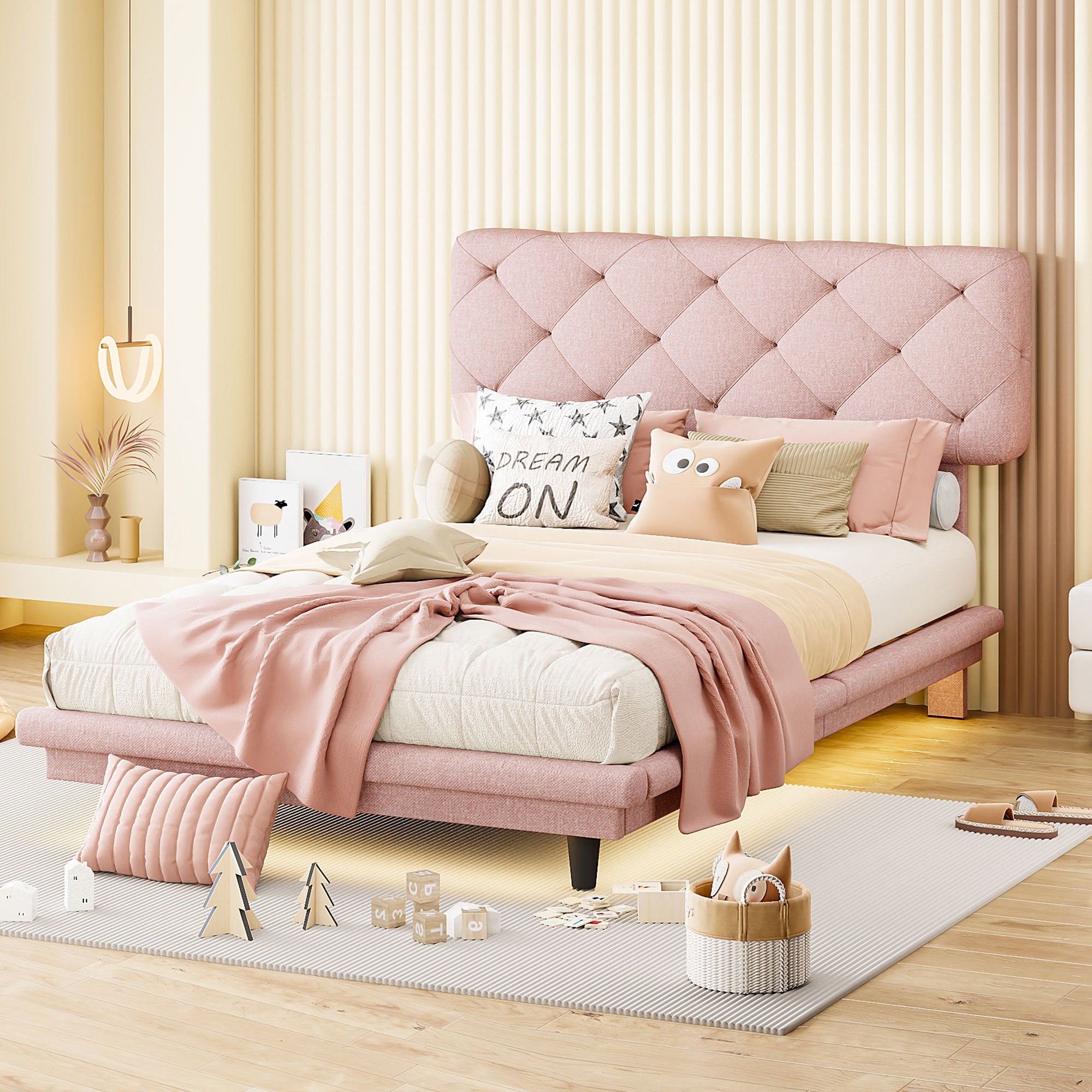 Twin Size Upholstered Bed with Light Stripe, Floating Platform Bed, Linen Fabric,Pink - Atlantic Fine Furniture Melbourne FL