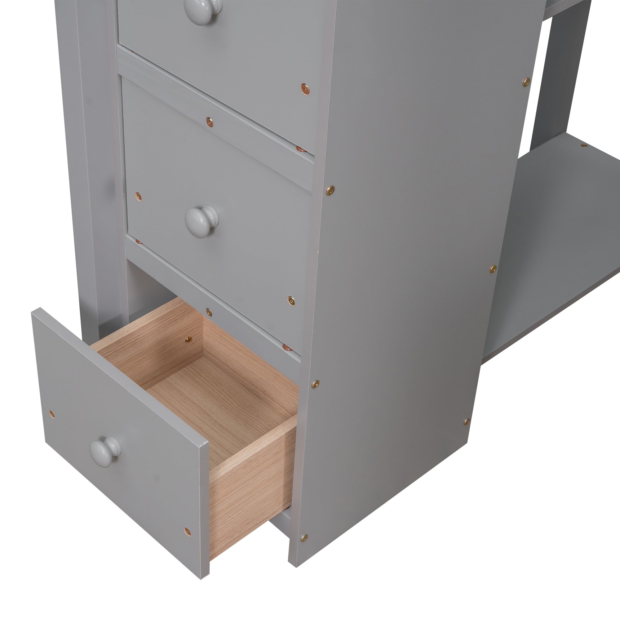 Twin size Loft Bed with Storage Drawers ,Desk and Stairs, Wooden Loft Bed with Shelves - Gray - Atlantic Fine Furniture Melbourne FL