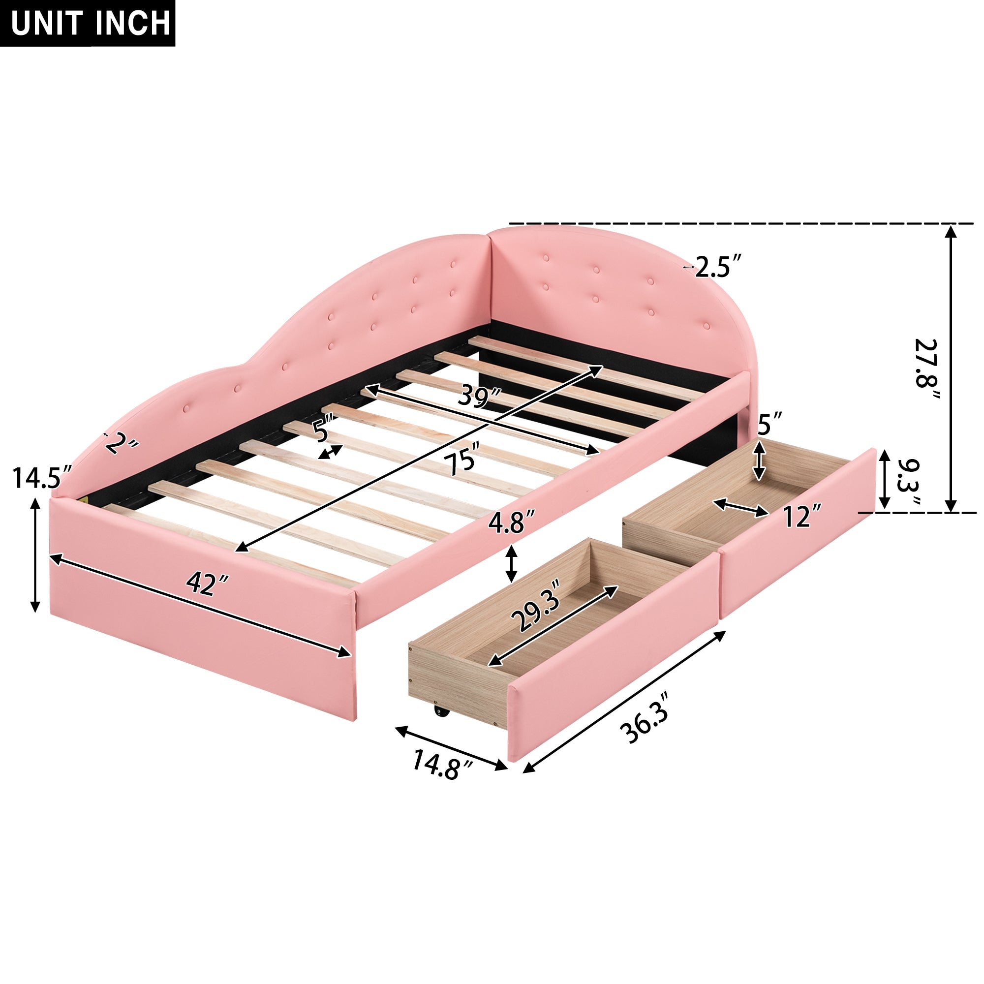Twin Size PU Upholstered Tufted Daybed with Two Drawers and Cloud Shaped Guardrail, Pink - Atlantic Fine Furniture Melbourne FL