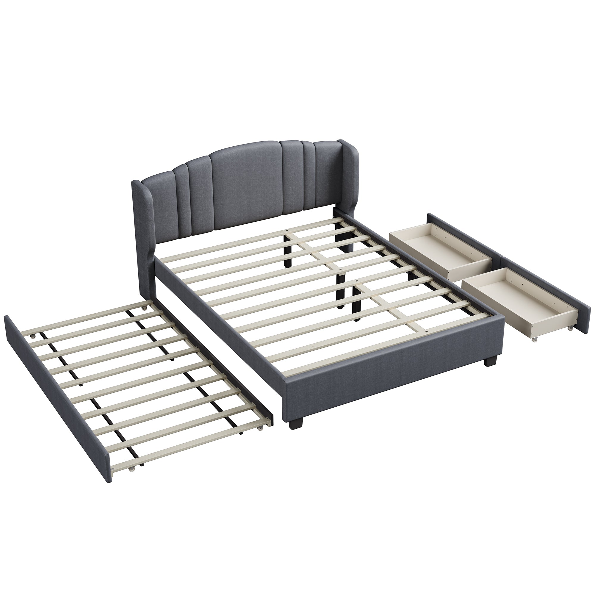 Upholstered Platform Bed with Wingback Headboard, One Twin Trundle and 2 Drawers, No Box Spring Needed, Linen Fabric, Queen Size Gray - Atlantic Fine Furniture Melbourne FL