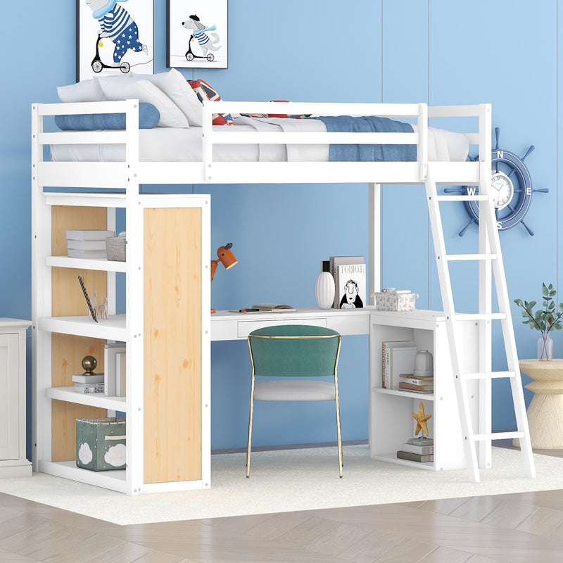 Twin Size Loft Bed with Ladder, Shelves, and Desk, White(OLD SKU:LT000225AAK)