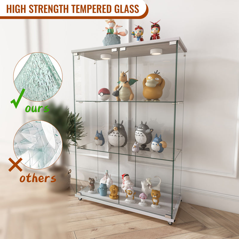 Modern Display Cabinet With LED Lights, Transparent Tempered Glass 2 Door Storage Case With 3 Shelves