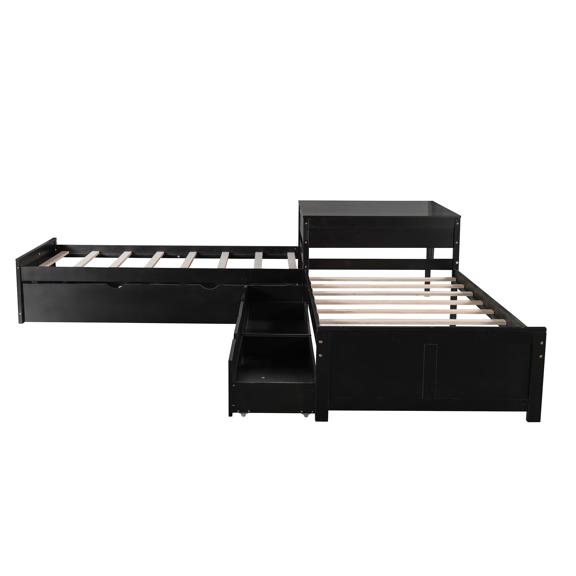 L-shaped Platform Bed with Trundle and Drawers Linked with built-in Desk,Twin,Espresso - Atlantic Fine Furniture Melbourne FL