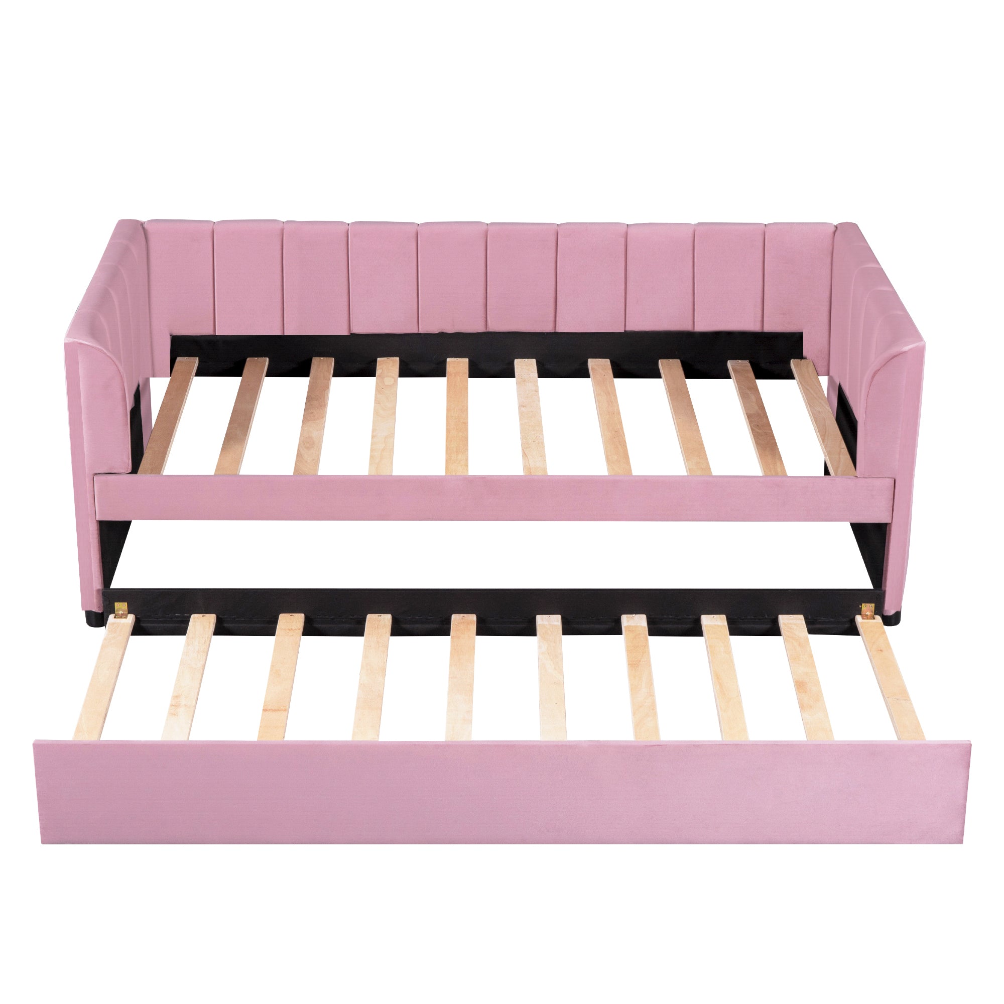 Twin Size Upholstered Daybed with Ergonomic Design Backrest and Trundle, Pink - Atlantic Fine Furniture Melbourne FL