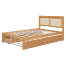 Full Size Elegant Bed Frame with Rattan Headboard and Sockets ,Walnut