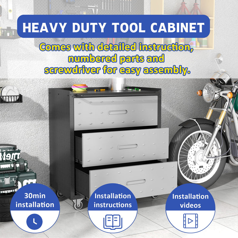 Heavy Duty Metal Storage Cabinet With Wheels 3 Drawer Tool Cabinet For Garage, Office, And Home Organizer Solutions