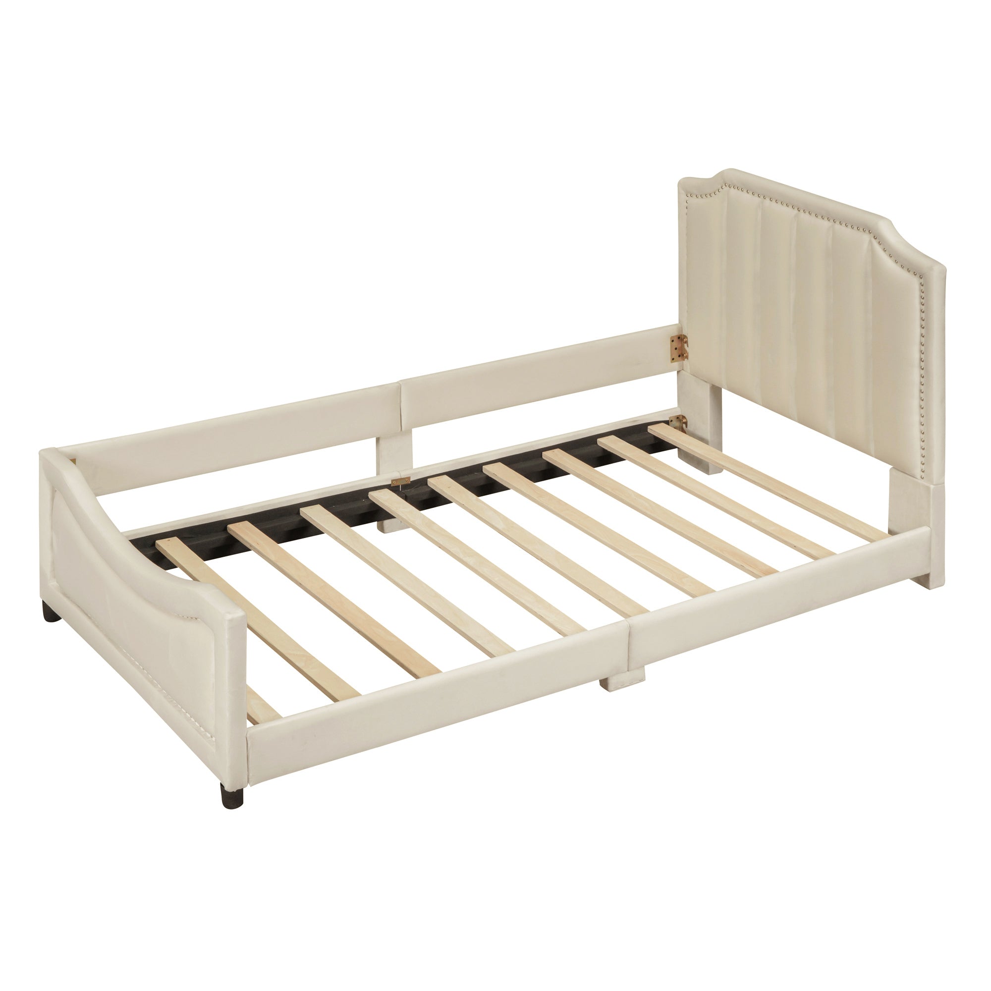 Twin Size Upholstered Daybed with Classic Stripe Shaped  Headboard, Beige - Atlantic Fine Furniture Melbourne FL