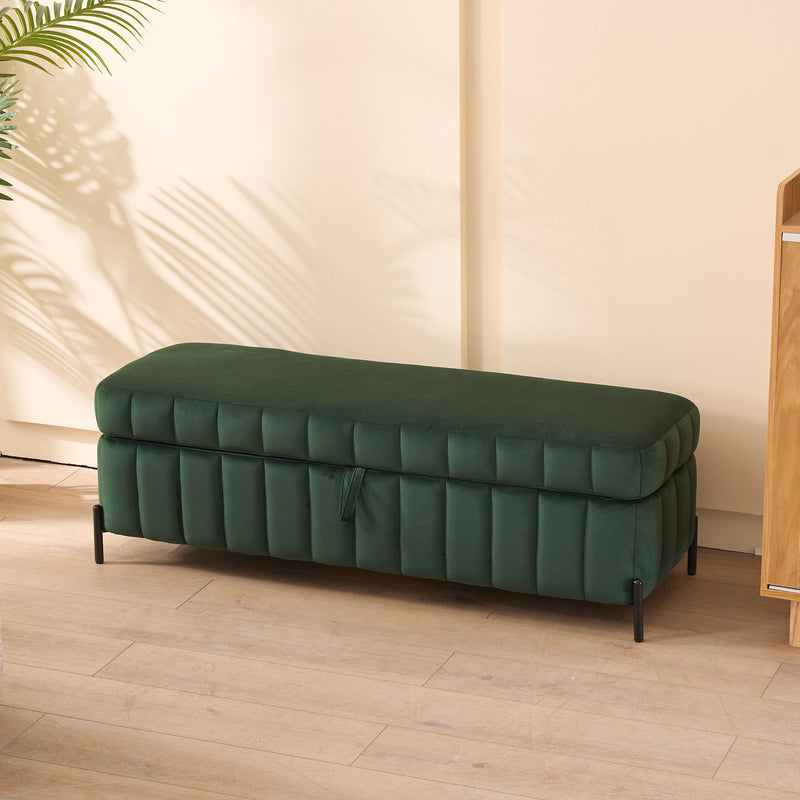 Wide Upholstered Velvet Storage Soft Bench Ottoman With Metal Legs