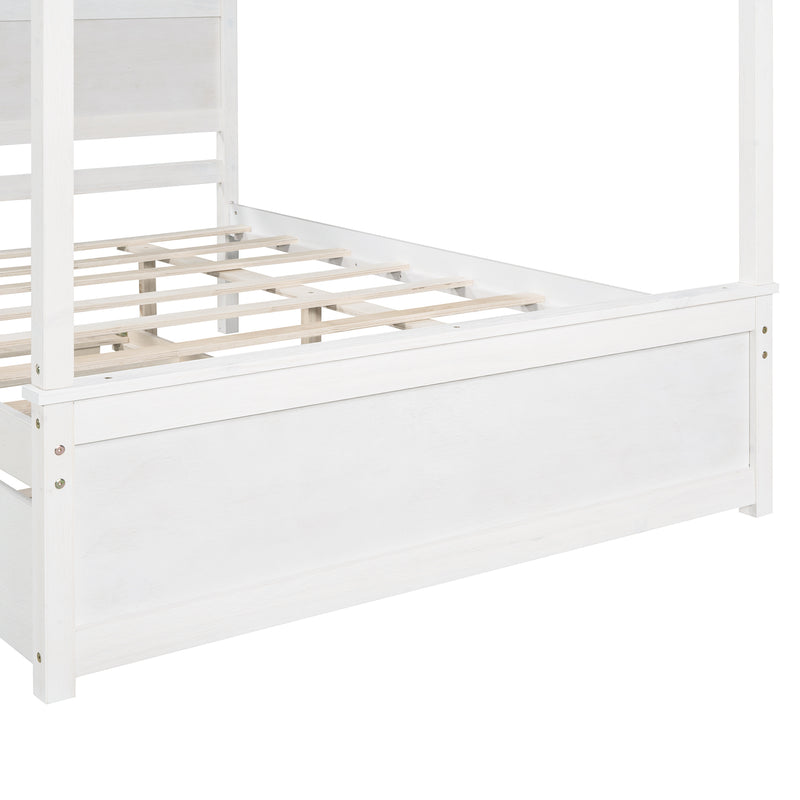 Wood Canopy Bed with Trundle Bed ,Full Size Canopy Platform bed With  Support Slats .No Box Spring Needed, Brushed White