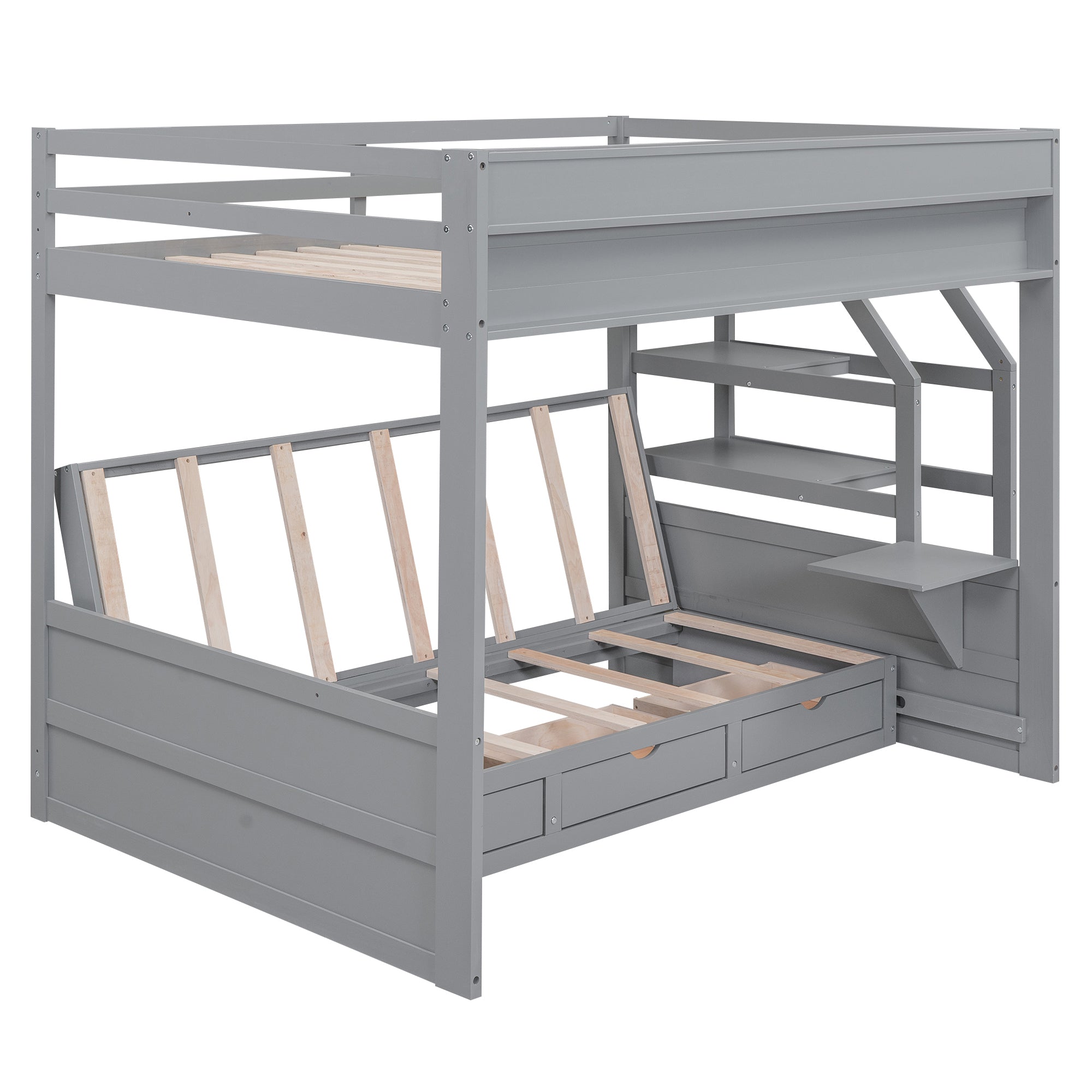 Wood Full Size Convertible Bunk Bed with Storage Staircase, Bedside Table, and 3 Drawers, Gray - Atlantic Fine Furniture Melbourne FL