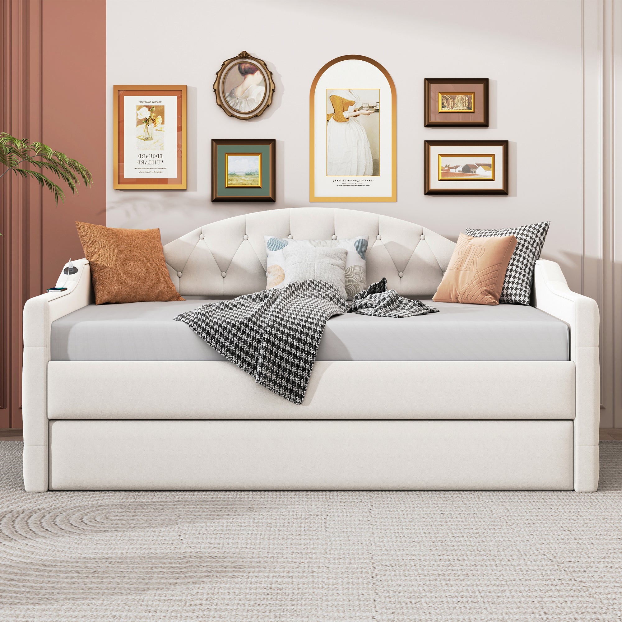 Twin Size Tufted Upholstered Daybed with Trundle ,Velvet Sofabed with USB&Type-C Charging Ports,No Box-spring Needed, Beige - Atlantic Fine Furniture Melbourne FL
