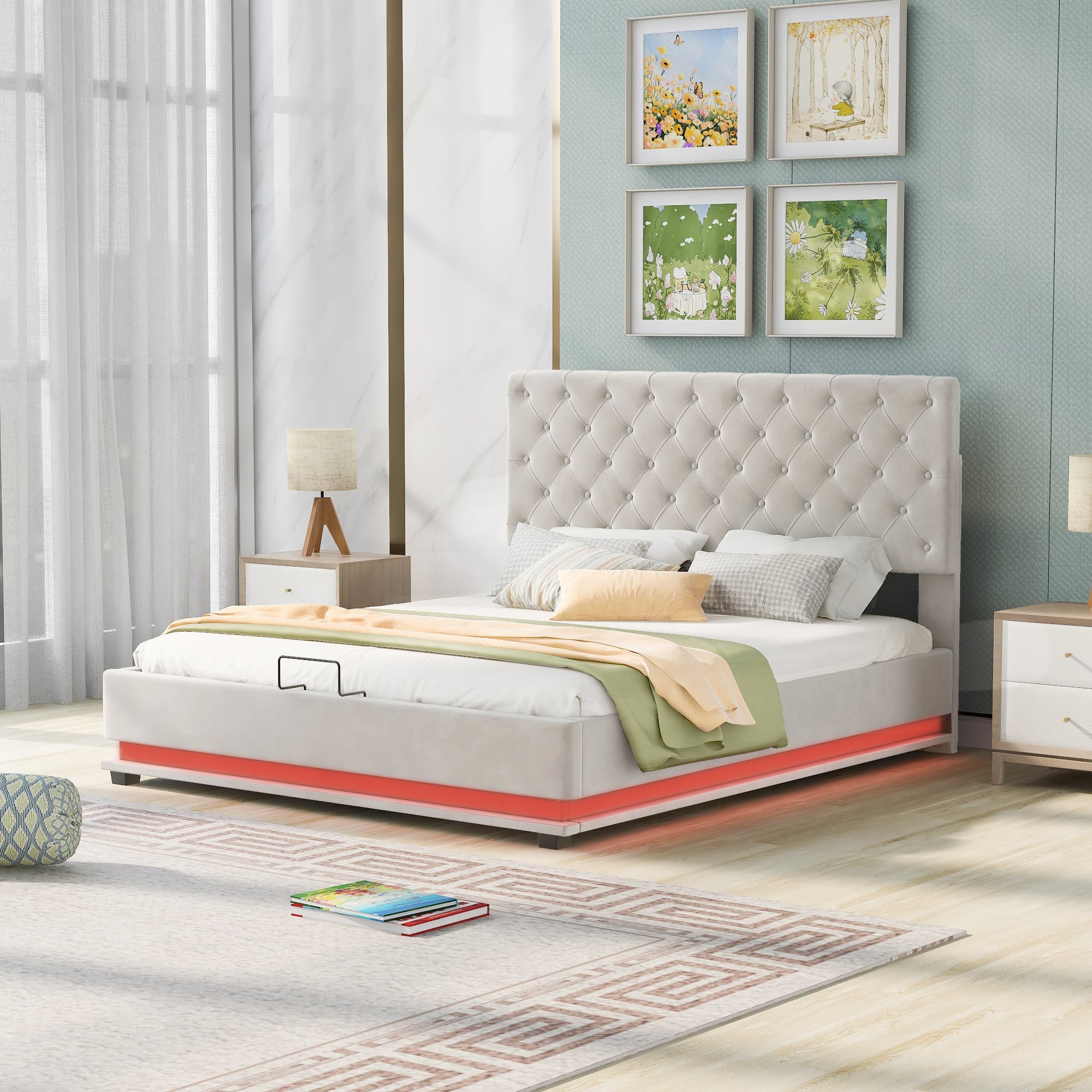 Queen Size Storage Upholstered Platform Bed with Adjustable Tufted Headboard and LED Light, Beige - Atlantic Fine Furniture Melbourne FL