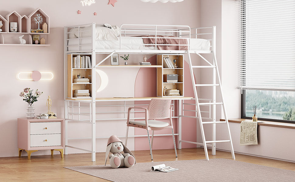 Twin Size Loft Bed with Desk and Shelf , Loft Bed with Ladder,Twin,White - Atlantic Fine Furniture Melbourne FL