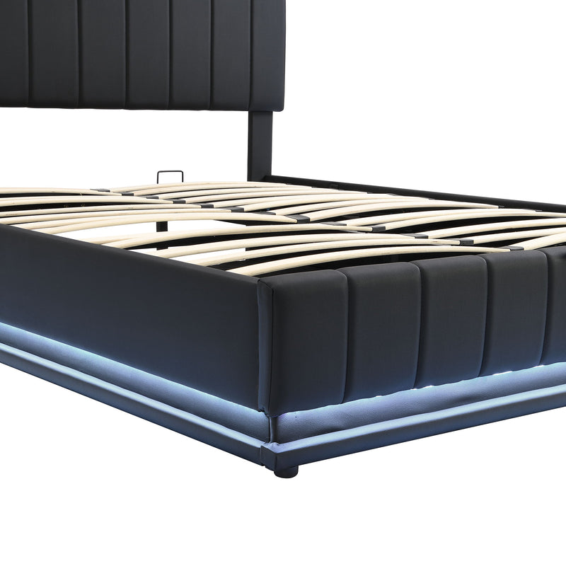 Queen Size Upholstered Bed With Hydraulic Storage System And LED Light, Modern Platform Bed With Sockets And USB Ports