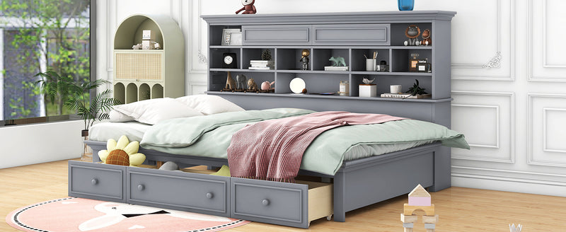 Twin Size Wood Daybed with Multi-Storage Shelves, Charging Station and 3 Drawers, Gray