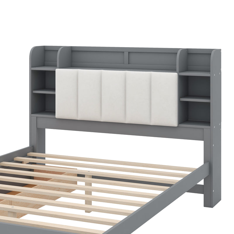 Wood Queen Size Platform Bed with Storage Headboard, Shelves and 2 Drawers, Gray