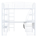 Twin Size Loft Bed with 4 Layers of Shelves and L-shaped Desk, Stylish Metal Frame Bed with a set of Sockets, USB Ports and and Wireless Charging, White