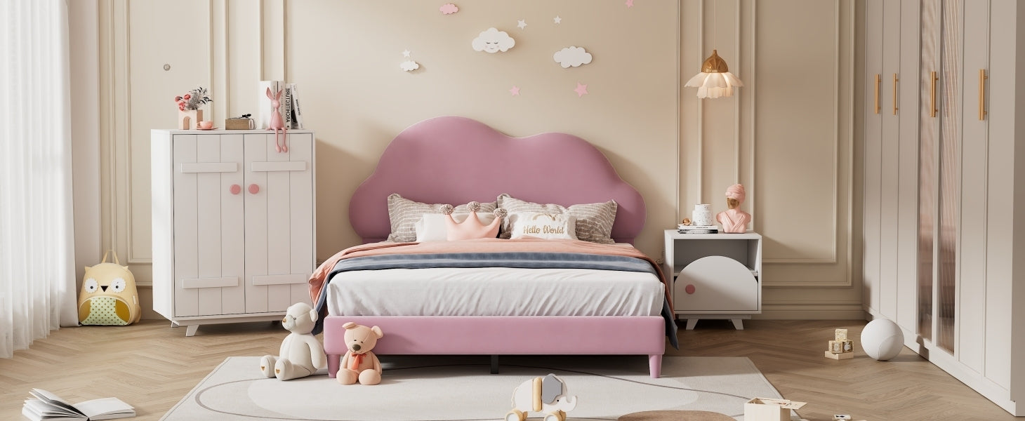 Full size Upholstered Cloud-Shape Bed ,Velvet Platform Bed with Headboard,No Box-spring Needed,Pink - Atlantic Fine Furniture Melbourne FL