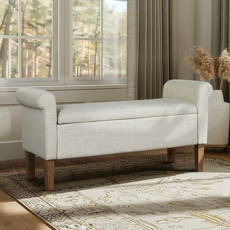 Upholstered Storage Bench With Rolled Armrests