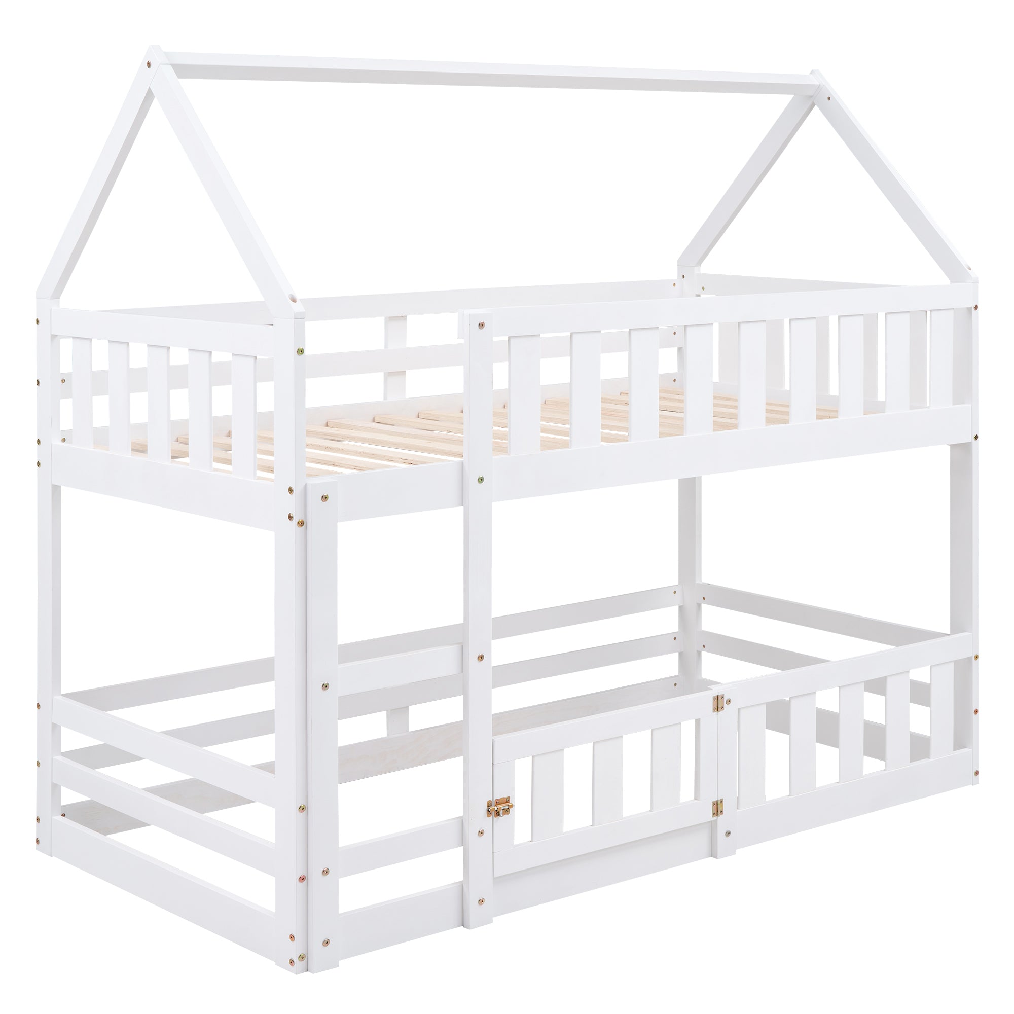 Twin over Twin House Bunk Bed with Fence and Door, White - Atlantic Fine Furniture Melbourne FL