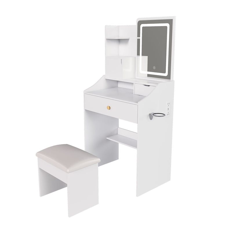 3 Color LED Vanity Mirror With Stool, 2 Drawers & 5 Storage Cabinets, Adjustable Lighting - White