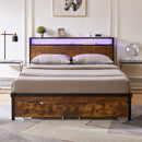 Modern Metal Platform Bed Frame With Wooden Headboard, USB Charging, LED Lights, And Storage
