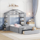 Twin Size House Bed with Bench, Socket and Shelves, Gray