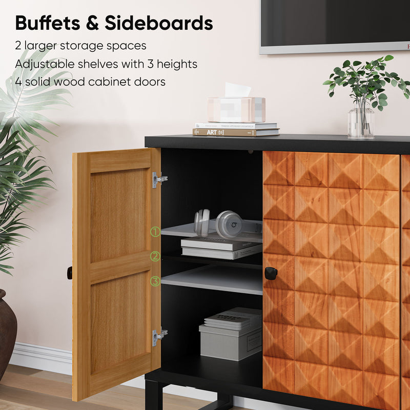 Modern Buffet Cabinet With Storage Space, Retro Style 4 Door Wooden Storage Cabinet, Multifunctional Decorative Cabinet With Geometric Patterns, Suitable For Living Room, Dining Room, Entrance - Orange / Yellow