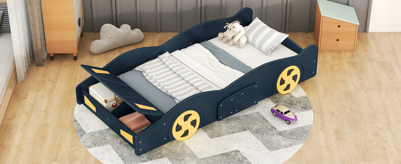 Twin Size Race Car-Shaped Platform Bed with Wheels and Storage, Dark Blue+Yellow