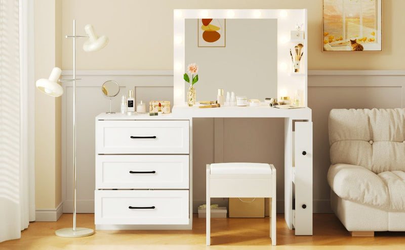Vanity Desk With Freely Adjustable Side Cabinet, Makeup Vanity With Hollywood Lights, 5 Storage Drawers & 2-Shelves, Modern Dressing Table - White