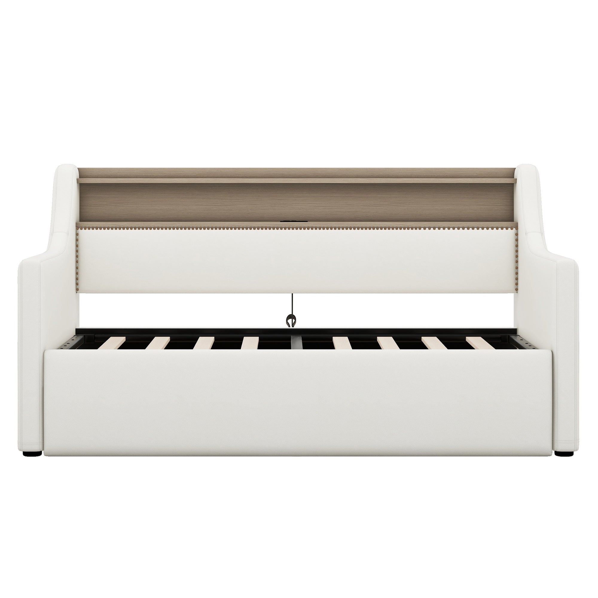 Twin Size Daybed with Hydraulic Storage, Upholstered Daybed with Lift Up Storage, Twin Leather Daybed with Charging Station and LED Lights,White(Expect arrival date Feb.13rd)