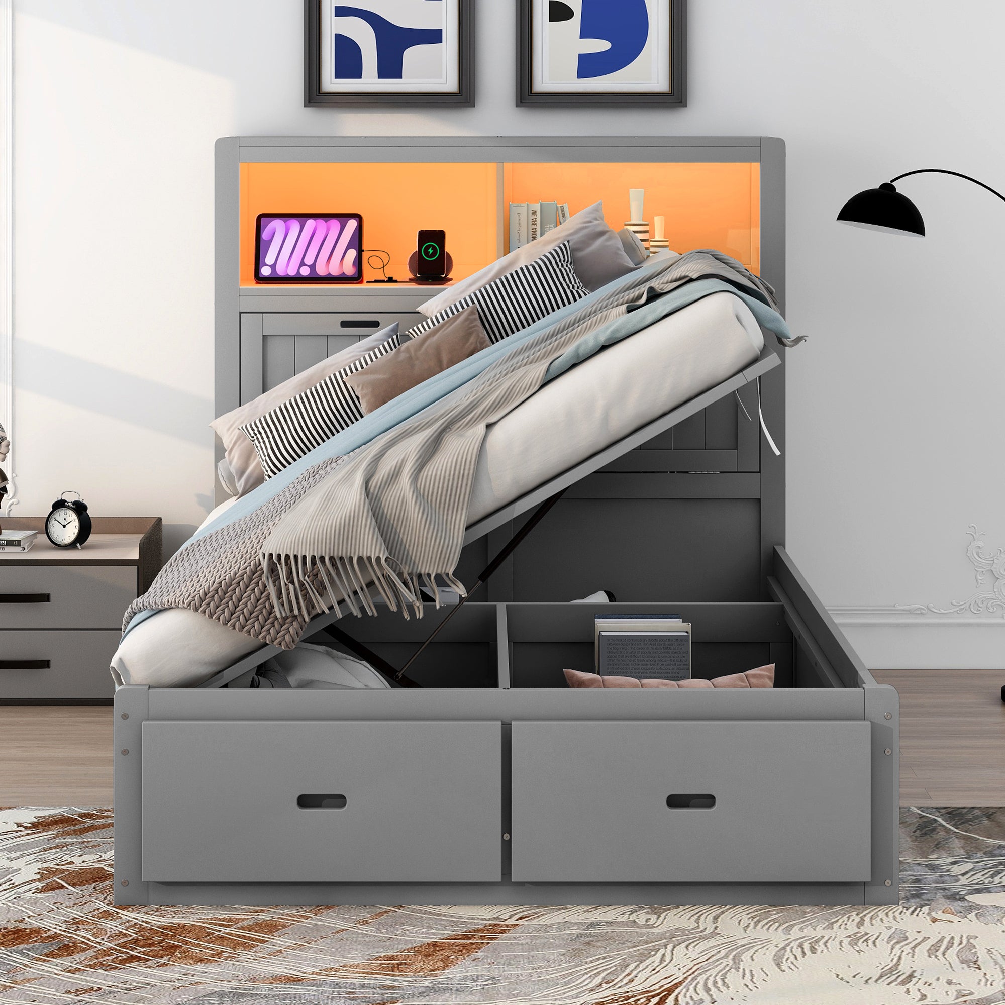 Wood Full Size Hydraulic Platform Bed with Storage LED Headboard, Charging Station and 2 Drawers, Gray - Atlantic Fine Furniture Melbourne FL