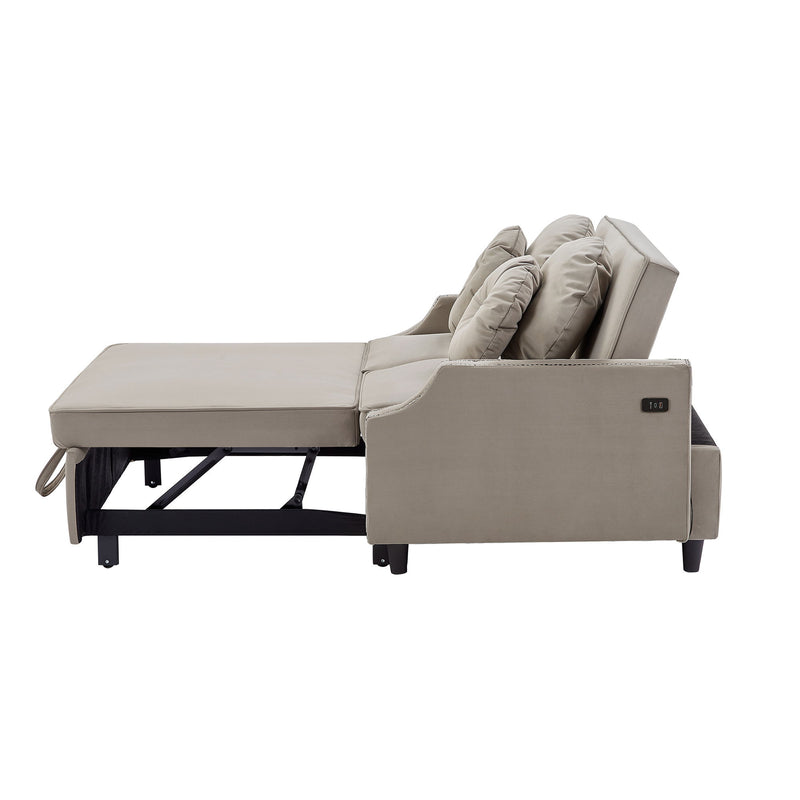 Multiple Adjustable Positions Sofa Bed Stylish Sofa Bed With A Button Tufted Backrest, Two USB Ports And Four Floral Lumbar Pillows For Living Room, Bedroom, Or Small Space